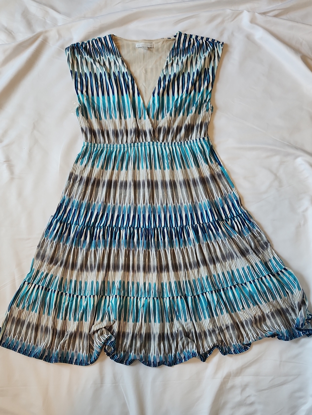 New York & Company Blue, Teal and Cream Striped Midi Dress